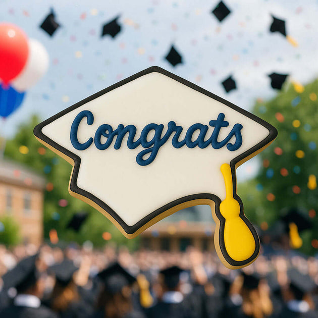 4.5 inch Graduation Cap Metal Cookie Cutter decorated with blue Congrats lettering against a festive graduation backdrop.