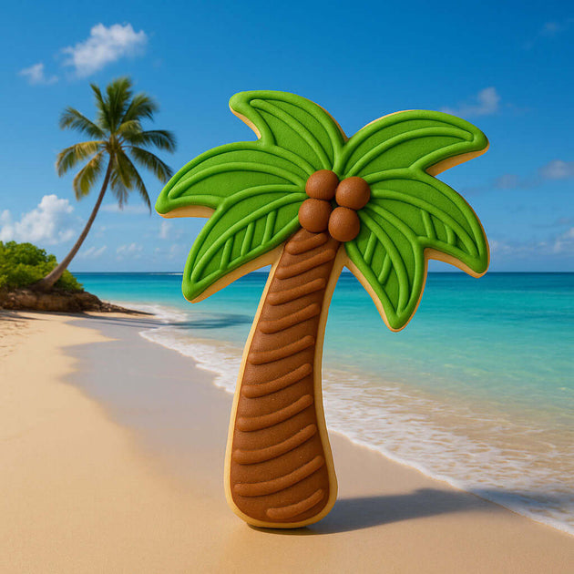 3.75 inch Palm Tree Metal Cookie Cutter shaped like a tropical palm tree on a beach background.