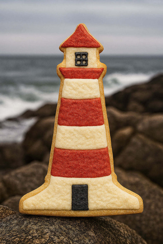 4.5 inch Lighthouse Metal Cookie Cutter shaped cookie on rocks by the ocean.