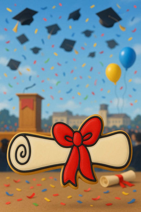 5 inch Graduation Diploma Metal Cookie Cutter design featuring a diploma with a red ribbon, graduation caps, and celebration elements.