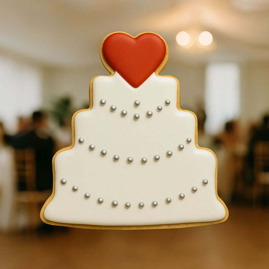 Cookie shaped like a wedding cake with a red heart on top, blurred background