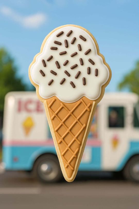 Ice cream cone-shaped cookie with white frosting and chocolate sprinkles in front of an ice cream truck from a 4 inch Ice Cream Cone Metal Cookie Cutter