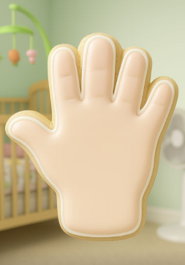 Right hand cookie in a nursery setting with a crib and mobile in the background from a 3.25 inch Right Hand Metal Cookie Cutter