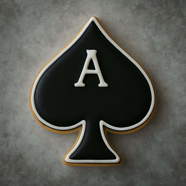 Cookie shaped like a spade with a white 'A' on a gray background from a 3.5 inch Spade Metal Cookie Cutter