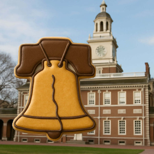 Cookie with Liberty Bell design in front of Independence Hall from a 3.5 inch Liberty Bell Metal Cookie Cutter