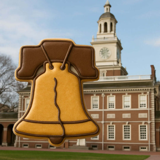 Cookie with Liberty Bell design in front of Independence Hall