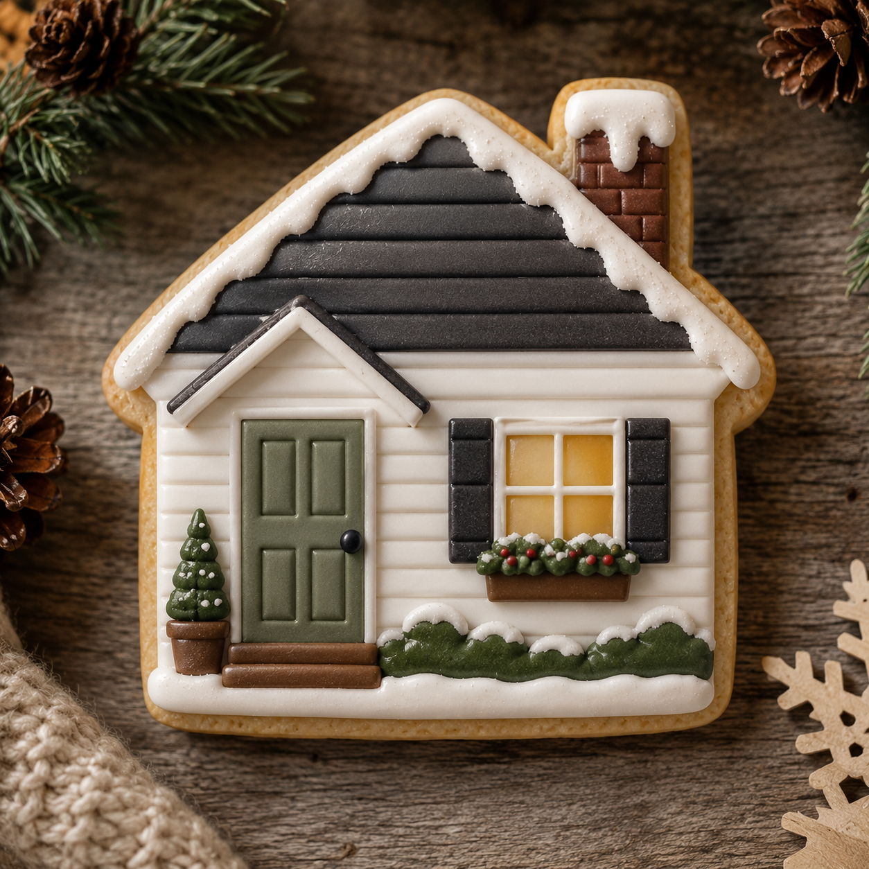 Decorative cookie shaped like a house with a roof, door, and windows on a wooden surface from a 4 inch Cabin House Metal Cookie Cutter