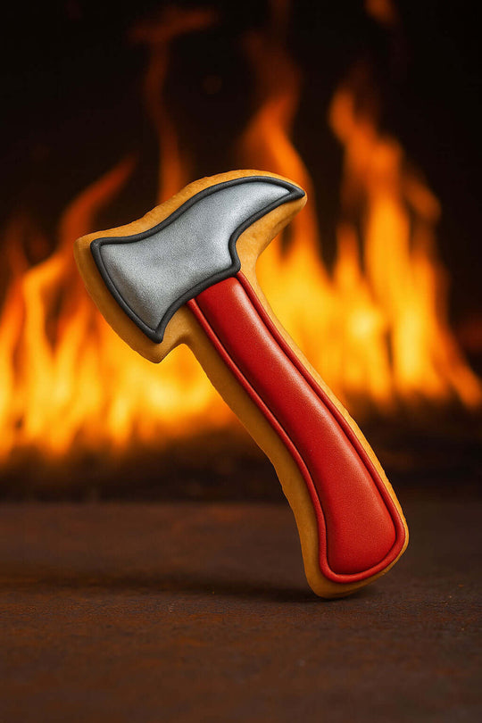 4 inch Fireman's Axe Metal Cookie Cutter shaped cookie in front of a fiery background.