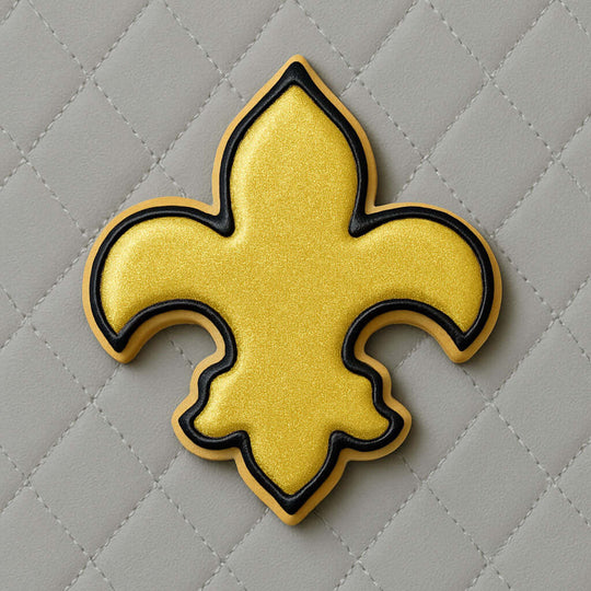 Yellow and black fleur-de-lis design on a gray quilted background