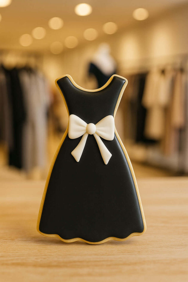 Cookie shaped like a black dress with a white bow on a wooden surface from a 4.75 inch Dress Metal Cookie Cutter