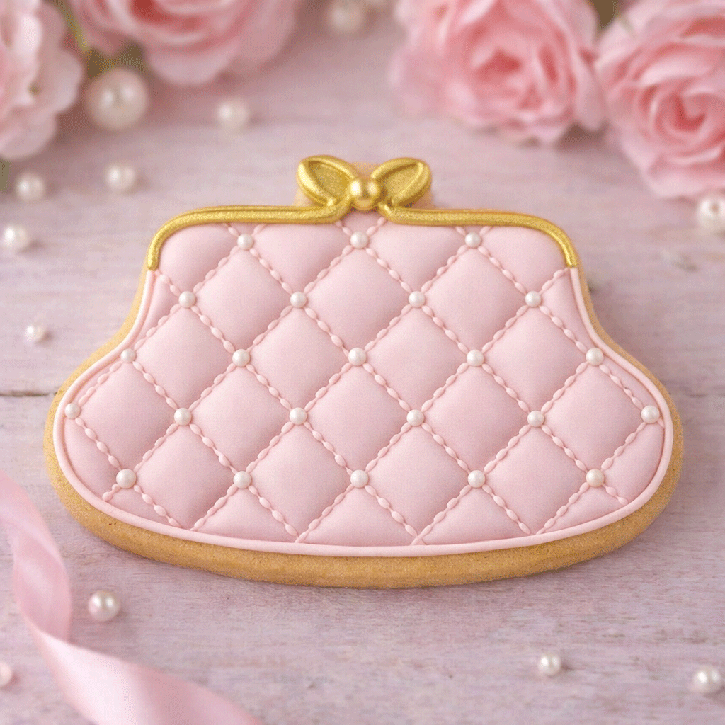Pink quilted purse cookie with gold accents on a light wooden surface with pink roses and pearls from a 4 inch Purse Metal Cookie Cutter