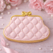 Pink quilted purse cookie with gold accents on a light wooden surface with pink roses and pearls from a 4 inch Purse Metal Cookie Cutter