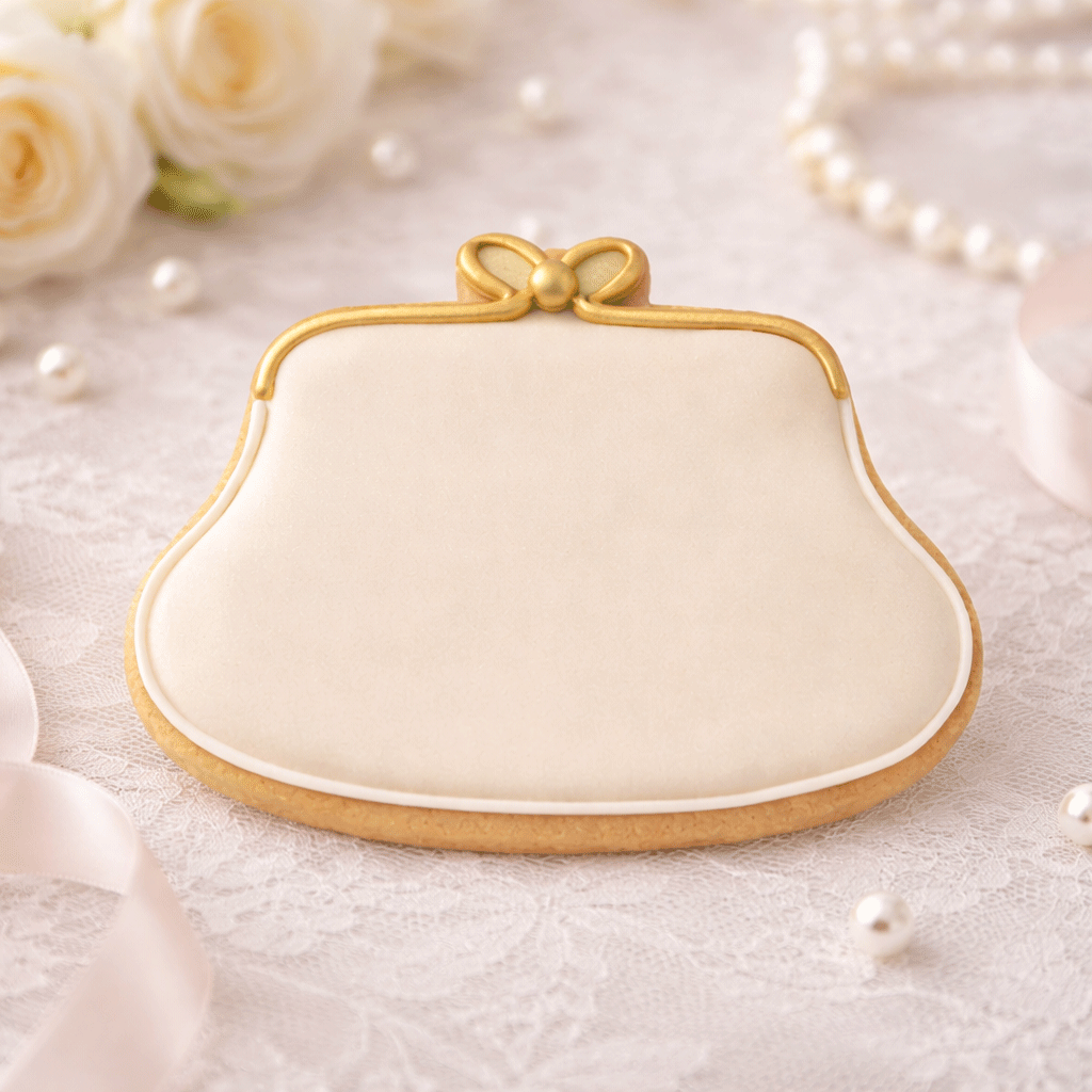 Decorative cookie shaped like a purse with a bow, surrounded by pearls and roses on a textured surface from a 4 inch Purse Metal Cookie Cutter