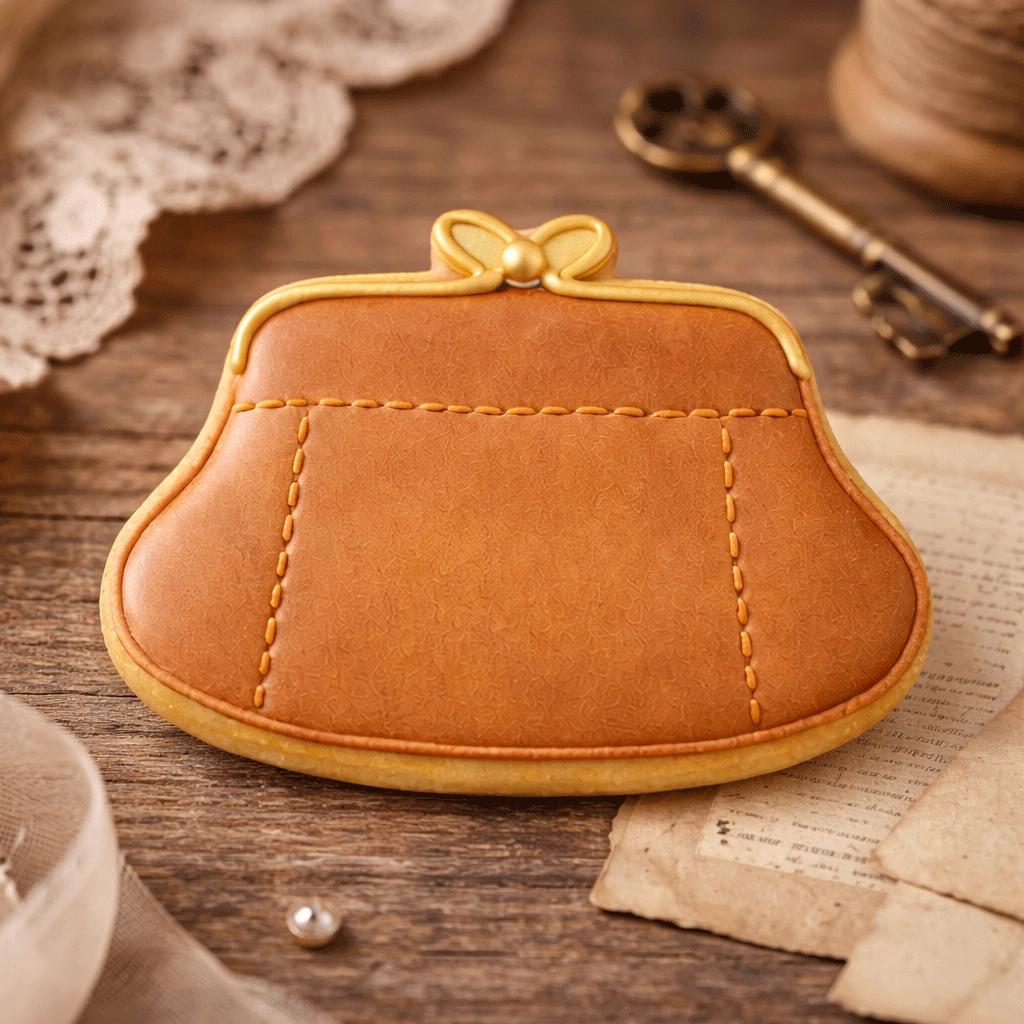 Brown leather coin purse with a bow on a wooden surface with lace and keys from a 4 inch Purse Metal Cookie Cutter