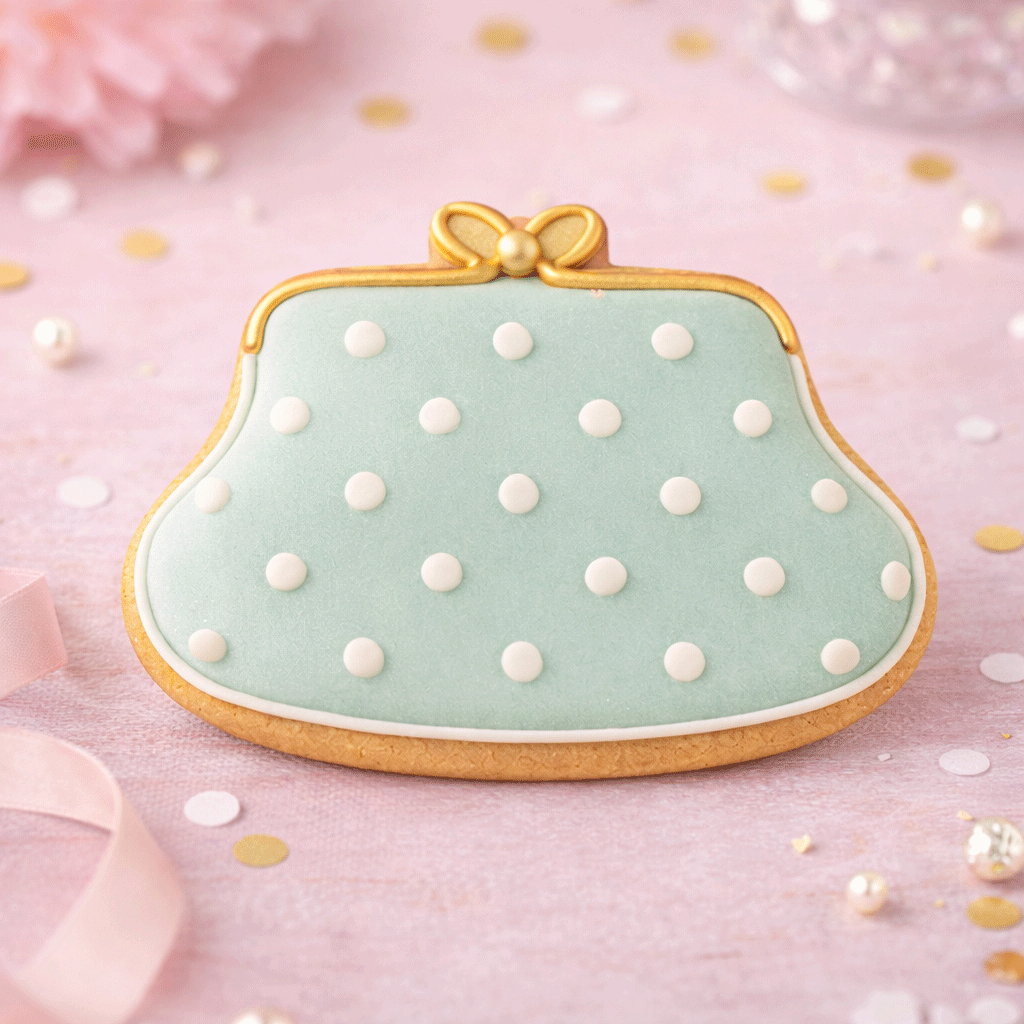 Cookie shaped like a handbag with polka dot pattern on a pink background from a 4 inch Purse Metal Cookie Cutter