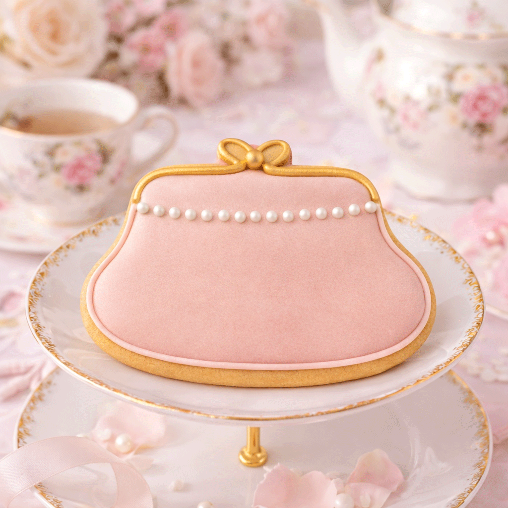 Decorative pink purse cookie on a white plate with floral teacups in the background from a 4 inch Purse Metal Cookie Cutter