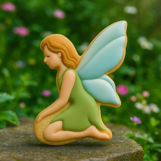 Fairy figurine with green dress and blue wings sitting on a stone surface with a garden background.