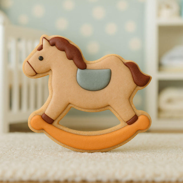 Children's rocking horse toy on a soft surface with a blurred background from a 4.25 inch Rocking Horse Metal Cookie Cutter