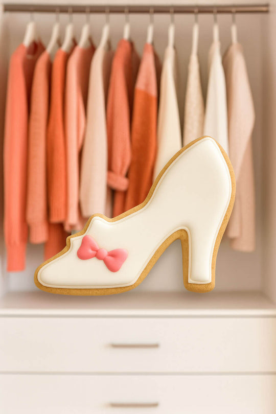 Cookie shaped like a high-heeled shoe with a pink bow in front of a rack of clothes from a 4 inch Shoe or Slipper With Bow Metal Cookie Cutter