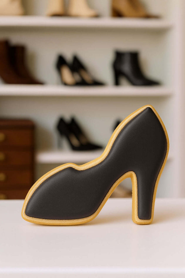 Black high-heeled shoe cookie on a white surface with shoes in the background