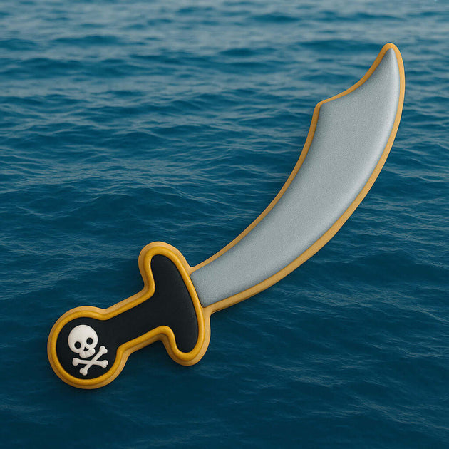 Pirate sword with skull and crossbones design on a blue ocean background from a 5.5 inch Pirate's Sword Metal Cookie Cutter