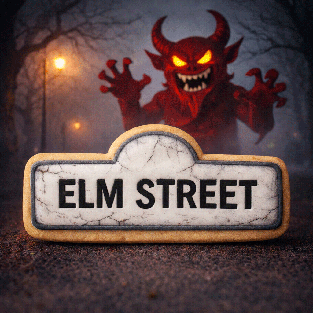 Elm Street sign with a red devil character in the background made from a 5 inch Street Sign Metal Cookie Cutter