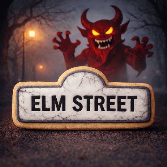 Elm Street sign with a red devil character in the background made from a 5 inch Street Sign Metal Cookie Cutter