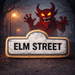 Elm Street sign with a red devil character in the background made from a 5 inch Street Sign Metal Cookie Cutter