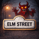 Elm Street sign with a red devil character in the background made from a 5 inch Street Sign Metal Cookie Cutter