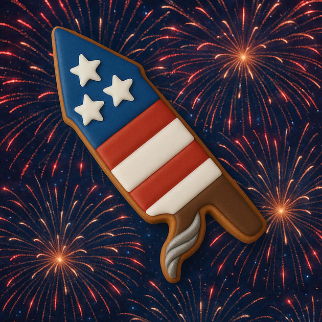 Cookie shaped like a bottle rocket with stars and stripes against a fireworks background from a 5 inch Bottle Rocket Fireworks Metal Cookie Cutter