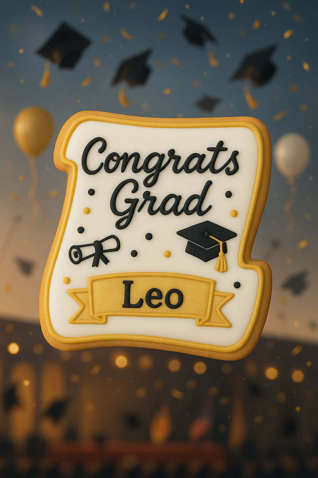 Graduation-themed cookie with 'Congrats Grad Leo' text against a blurred graduation cap and gown background. from a 5 inch Santa Nice Naughty Scroll Metal Cookie Cutter