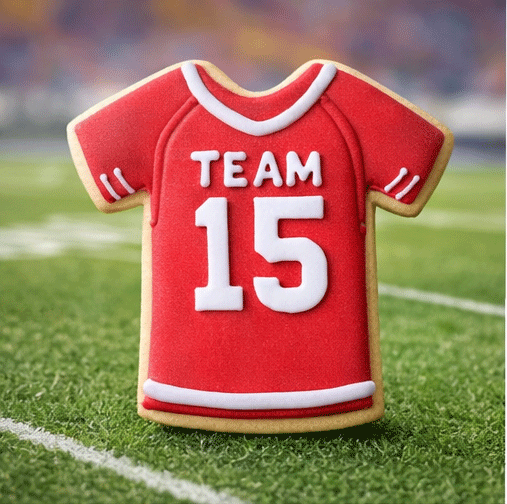 Decorated football jersey sugar cookie made with a 4 inch T Shirt Metal Cookie Cutter on a football field background