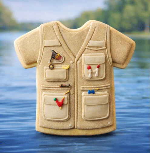 Fishing vest decorated sugar cookie made with a 4 inch T Shirt Metal Cookie Cutter on a lake background