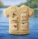 Fishing vest decorated sugar cookie made with a 4 inch T Shirt Metal Cookie Cutter on a lake background