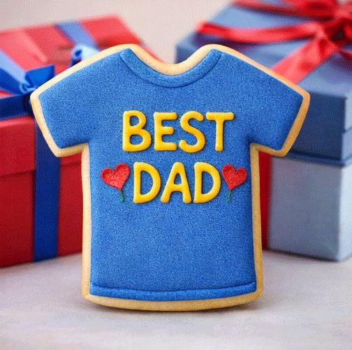 Best Dad t shirt decorated sugar cookie made with a 4 inch T Shirt Metal Cookie Cutter with gift background