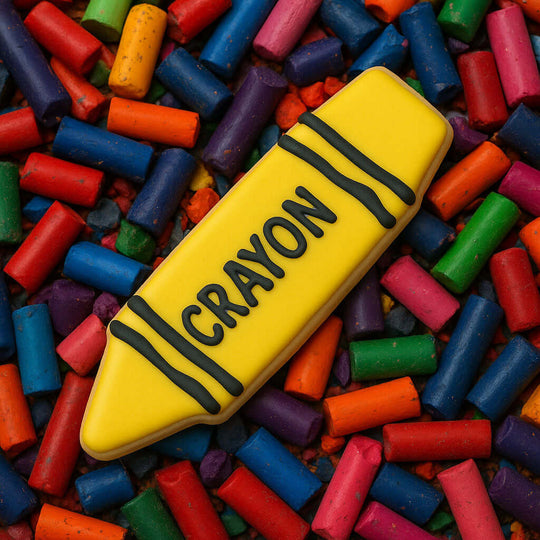 5 inch Crayon Pencil Metal Cookie Cutter shaped yellow crayon cookie on colorful crayon background.