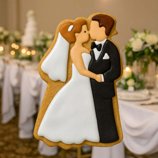 Decorative cookie shaped like a bride and groom on a wedding reception table.