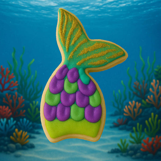 Colorful mermaid tail cookie with underwater scene background from a 4 inch Mermaid Fish Tail Metal Cookie Cutter