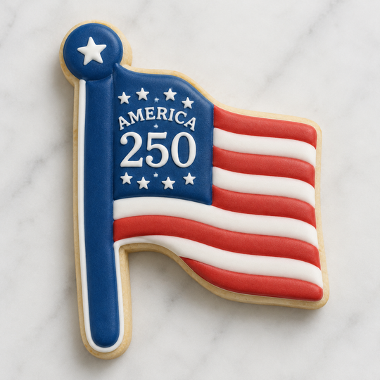 Cookie decorated like a flag with 'America 250' text on a white background from a 4 inch Flag Metal Cookie Cutter