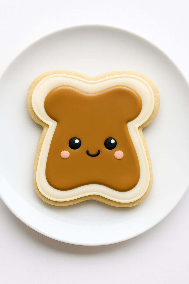 Cookie shaped like a piece of toast with peanut butter, on a white plate from a 4.75 inch Toast Metal Cookie Cutter