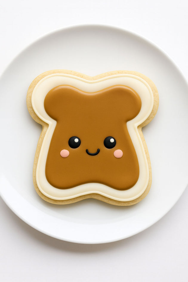 Cookie shaped like a piece of toast with peanut butter, on a white plate.