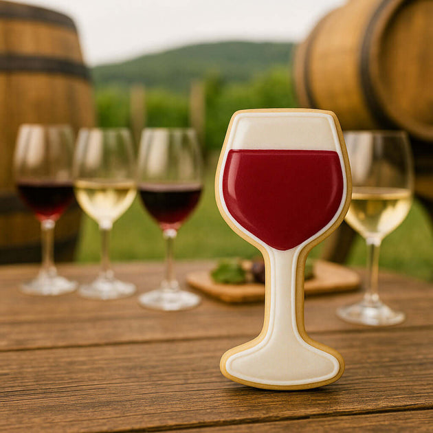 Wine glass-shaped cookie on a wooden table with wine glasses and barrels in the background from a 4 inch Wine Glass Metal Cookie Cutter