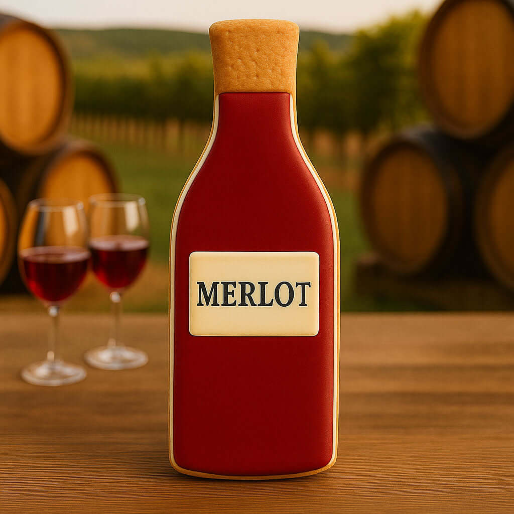 Decorative cookie shaped like a wine bottle labeled 'Merlot' with two glasses of red wine and barrels in the background from a 5.5 inch Wine Bottle Metal Cookie Cutter