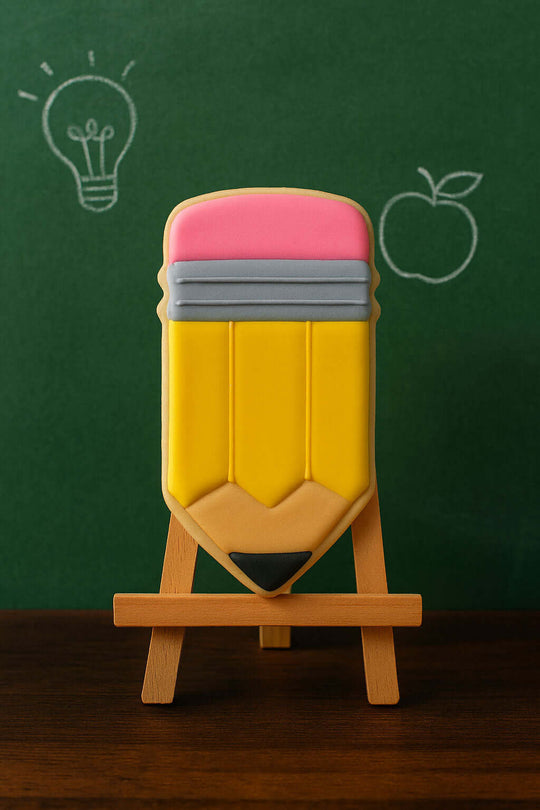 4.5 inch Pencil Metal Cookie Cutter shaped cookie displayed on an easel, perfect for back-to-school celebrations.