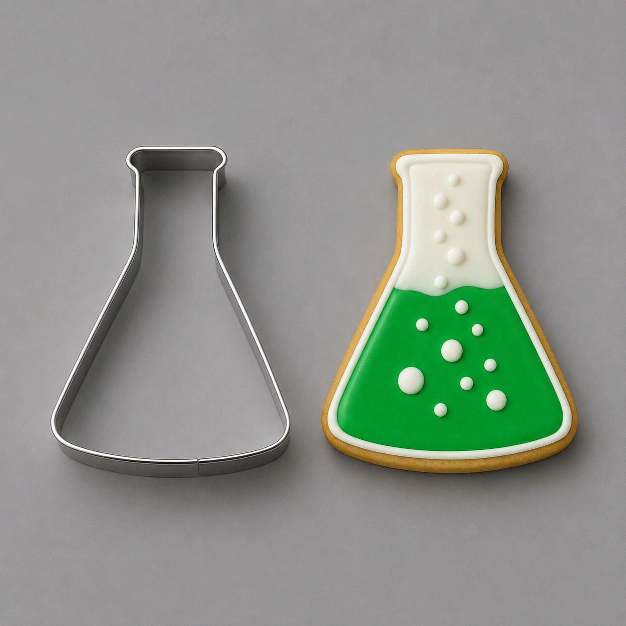 A metal  flask-shaped cookie cutter shown next to a decorated sugar cookie in the shape of a flask, filled with green and white icing and topped with white bubble details, on a solid gray background from a 4 inch Beaker Metal Cookie Cutter