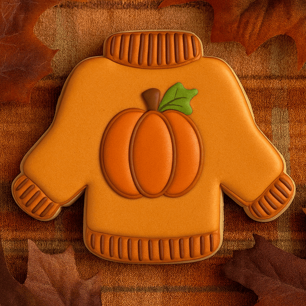 Cookie shaped like a sweater with a pumpkin design on a plaid background with autumn leaves from a 4.25 inch Ugly Sweater Metal Cookie Cutter