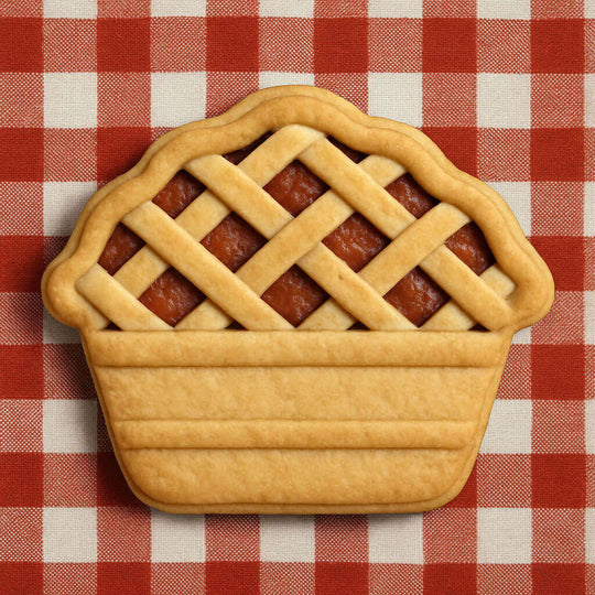 Cookie shaped like a pie with lattice top on a red and white checkered background from a 4.5 inch Pie Metal Cookie Cutter