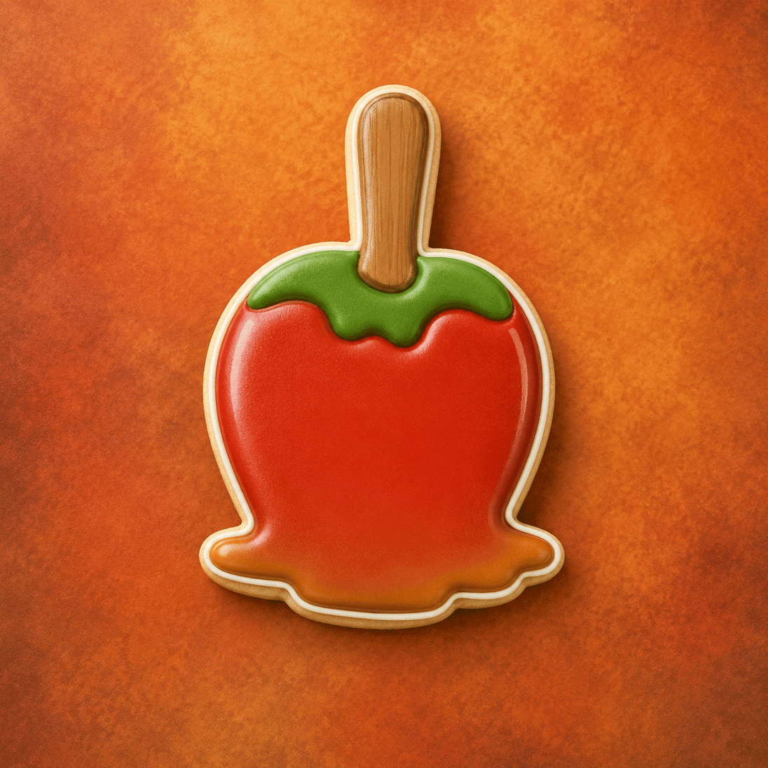 Red candle apple cookie with a wooden stem on an orange background from a 4 inch Candy Carmel Apple Metal Cookie Cutter
