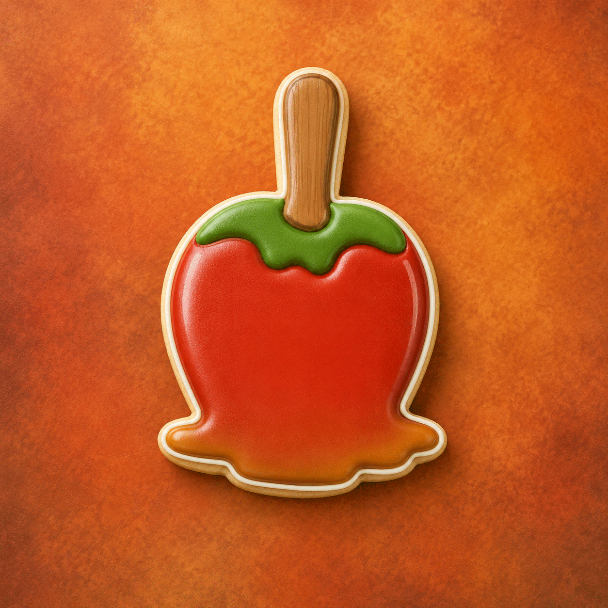 Red candle apple cookie with a wooden stem on an orange background from a 4 inch Candy Carmel Apple Metal Cookie Cutter