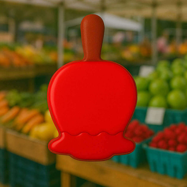 Red candy apple-shaped object in a grocery store setting from a 4 inch Candy Carmel Apple Metal Cookie Cutter